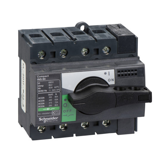 Schneider Electric Compact switch disconnector, Compact INS80 , 80 A, standard version with black rotary handle, 4 poles - 28905