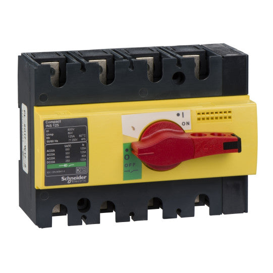 Schneider Electric Compact switch disconnector, Compact INS125 , 125 A, with red rotary handle and yellow front, 4 poles - 28927
