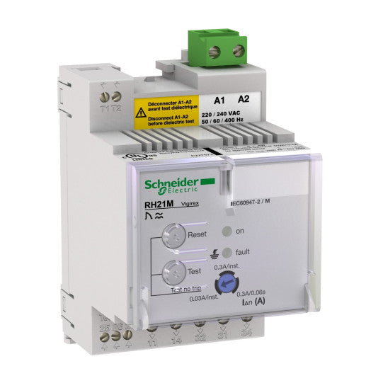 Schneider Electric Vigirex residual current protection relay, Vigirex RH21M, 30 mA or 300 mA, 220/240 VAC 50/60 Hz, DIN rail mounting - 56163