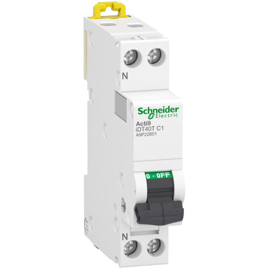 Schneider Electric Acti9 Miniature circuit-breaker, Acti9 iDT40T, 1P+N, 1 A, C curve, 4500 A (IEC 60898-1), 6 kA (IEC 60947-2) - A9P22601