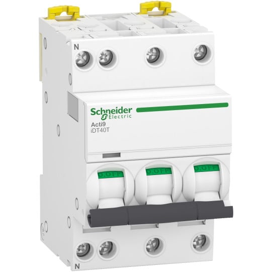 Schneider Electric Acti9 Miniature circuit-breaker, Acti9 iDT40T, 3P+N, 40 A, D curve, 4500 A (IEC 60898-1), 6 kA (IEC 60947-2) - A9P32740