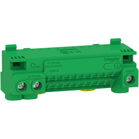 Schneider Electric Linergy Earth terminal block, Linergy, screw and screwless terminals, 24 holes, 3x25 mm² + 21x4 mm², with jumper - LGYT1E24