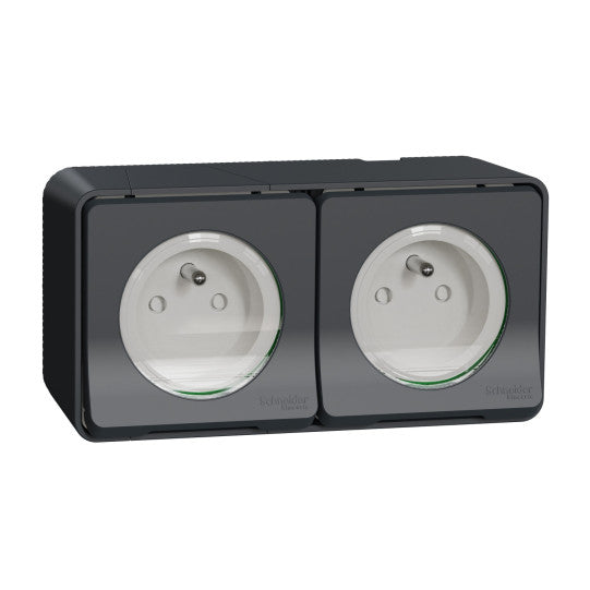 Schneider Electric Mureva Styl Double socket-outlet, Mureva Styl, 2P + E with shutters, pin earth, 16A, 250V, surface, grey - MUR36028