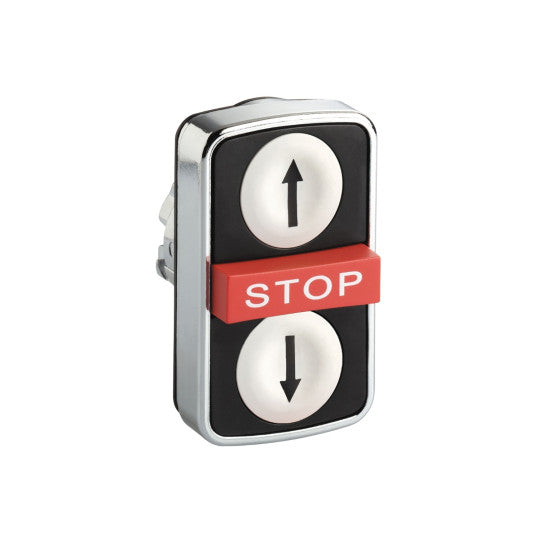 Schneider Electric SCHNEIDER Triple-headed push button head, metal, Ø22, 1 white flush UP ARROW + 1 red projecting STOP + 1 black flush DOWN ARROW - ZB4BA71124