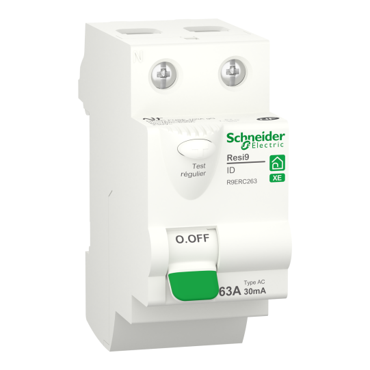 Schneider Electric Resi9 Residual current circuit breaker (RCCB), Resi9 XE ID, 2P, 63A, AC type, 30mA, 230VAC, 2 modules - R9ERC263