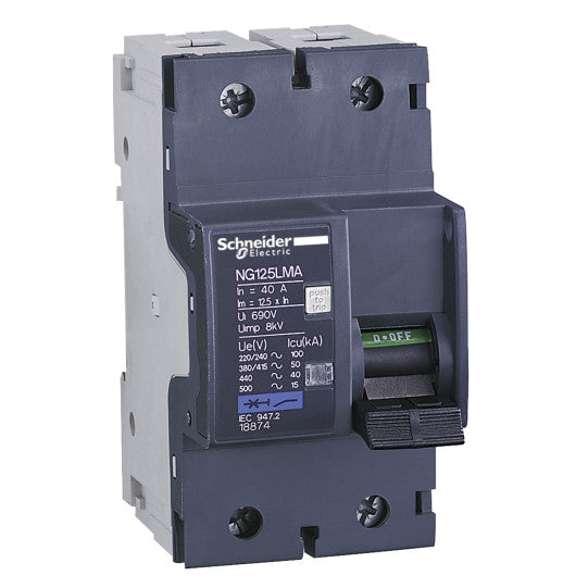 Schneider Electric Acti 9 Miniature circuit breaker (MCB), Acti9 NG125LMA, 2P, 6.3A, MA curve, 50kA (IEC/EN 60947-2) - 18869