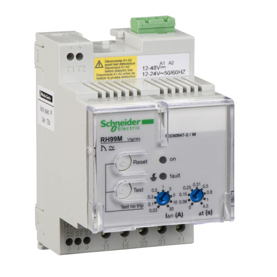 Schneider Electric Vigirex residual current protection relay, Vigirex RH99M, 30 mA to 30 A, 12/24 VAC 50/60 Hz, 12/48 VDC, DIN rail mounting - 56170