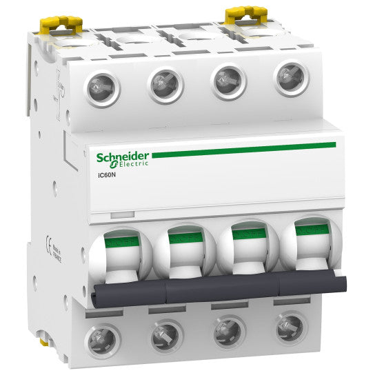 Schneider Electric Acti 9 Miniature circuit-breaker, Acti9 iC60N, 4P, 63 A, B curve, 6000 A (IEC 60898-1), 10 kA (IEC 60947-2) - A9F76463