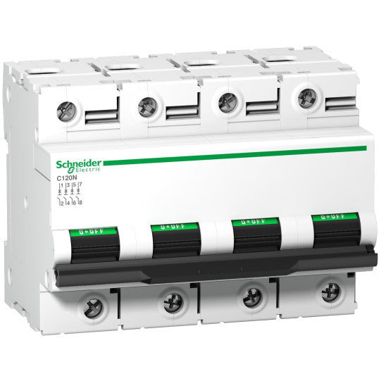 Schneider Electric Acti 9 Miniature circuit-breaker, Acti9 C120N, 4P, 100 A, D curve, 10000 A (IEC 60898-1), 10 kA (IEC 60947-2) - A9N18392