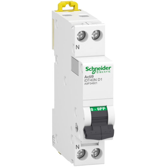 Schneider Electric Acti9 Miniature circuit-breaker, Acti9 iDT40N, 1P+N, 1 A, D curve, 6000 A (IEC 60898-1), 10 kA (IEC 60947-2) - A9P34601