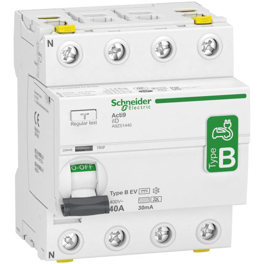 Schneider Electric Acti9 Acti9 iID - Residual Current Circuit Breaker - 4P - 40A - 30mA - B EV type - A9Z51440