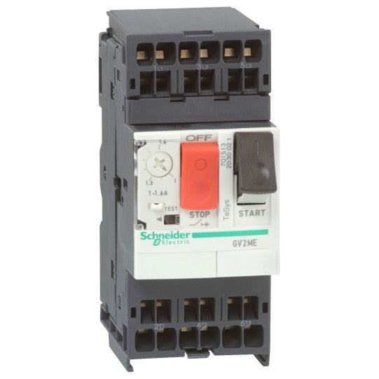 Schneider Electric TeSys Motor circuit breaker, TeSys GV2, 3P, 0.16-0.25 A, thermal magnetic, spring terminals - GV2ME023