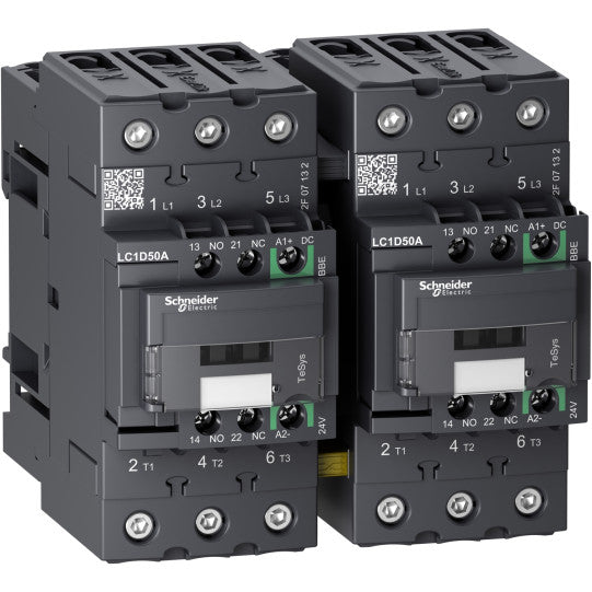 Schneider Electric TeSys TeSys D reversing contactor - 3P - <= 440 V - 50 A AC-3 - 24 V DC coil - LC2D50ABBE