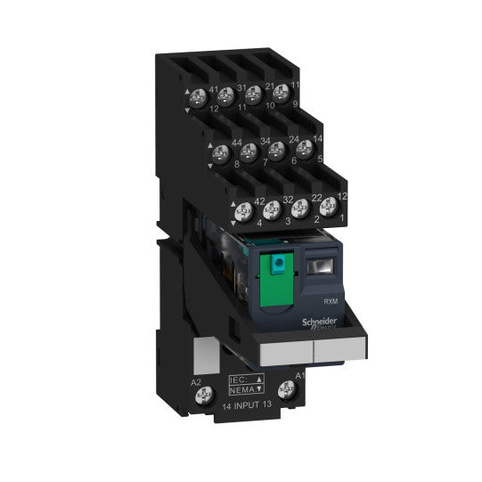 Schneider Electric SCHNEIDER Harmony, Miniature plug-in relay pre-assembled, 6 A, 4 CO, with lockable test button, separate terminals socket, 24 V DC - RXM4AB1BDPVS