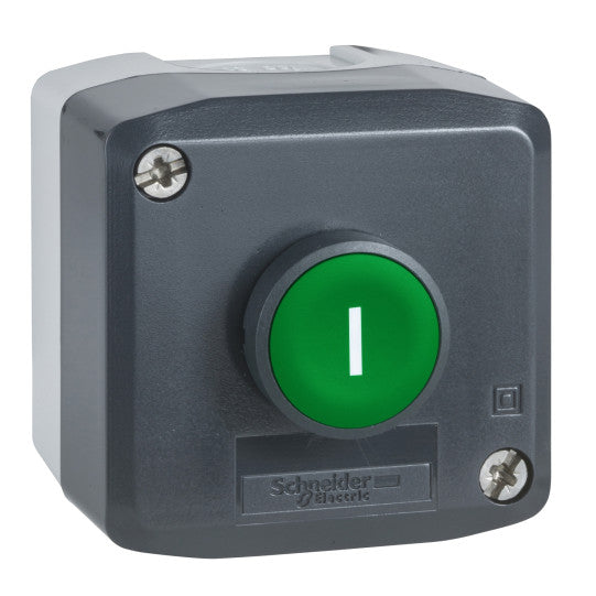 Schneider Electric SCHNEIDER Control station, plastic, dark grey lid, 1 green flush push button Ø22, spring return, marked I, 1 NO - XALD102