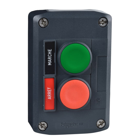 Schneider Electric SCHNEIDER Harmony XALD, XALK, Control station, plastic, dark grey, 1 green/1 red flush push buttons, Ø22 , spring return, legend holder marked ARRET/MARCHE - XALD211