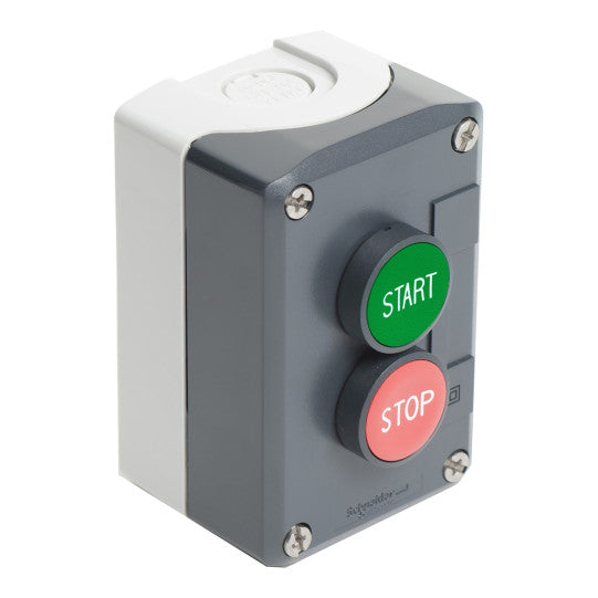 Schneider Electric SCHNEIDER Control station, plastic, dark grey lid, 2 flush push buttons Ø22, marked START STOP, 1 NO + 1 NC - XALD215