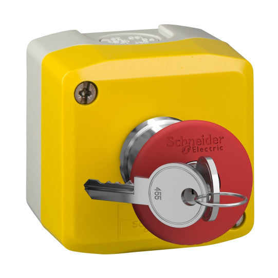 Schneider Electric SCHNEIDER Harmony XALD, XALK, Control station, plastic, yellow lid, 1 red mushroom push button Ø40, key release, 1 NC - XALK188