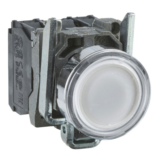Schneider Electric SCHNEIDER Harmony XB4, Illuminated push button, metal, flush, white, Ø22, spring return, 230...240 V AC, 1 NO + 1 NC - XB4BW31M5