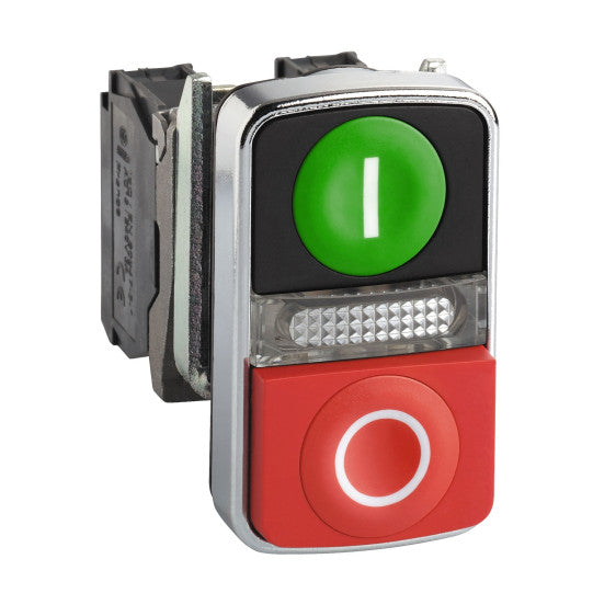 Schneider Electric SCHNEIDER Illuminated double-headed push button, metal, Ø22, 1 green flush I + 1 pilot light + 1 red projecting O, 1 NO + 1 NC - XB4BW73731B5