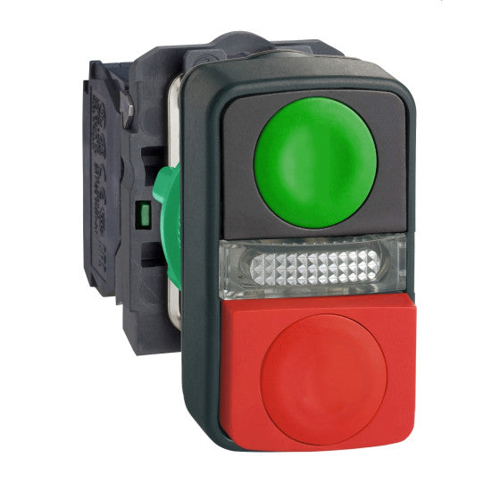 Schneider Electric SCHNEIDER Illuminated double-headed push button, plastic, Ø22, 1 green flush I + 1 pilot light + 1 red projecting O, 1 NO + 1 NC - XB5AW73731B5