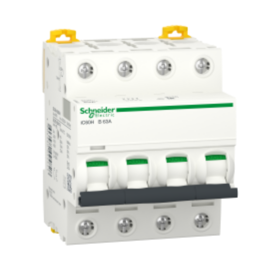 Schneider Electric Acti 9 Miniature circuit-breaker, Acti9 iC60H, 4P, 63 A, B curve, 10000 A (IEC 60898-1), 15 kA (IEC 60947-2) - A9F88463